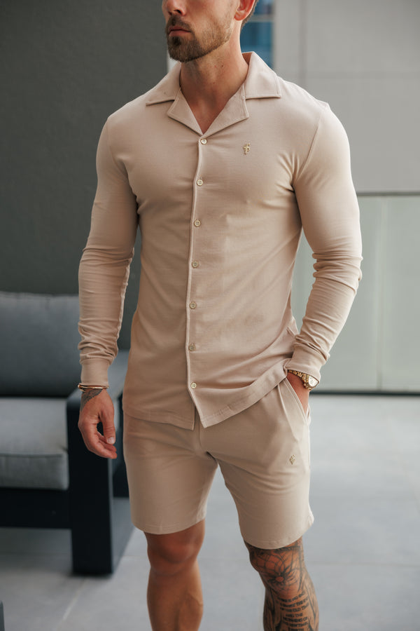 Father Sons Stretch Beige Pique Revere Shirt Long Sleeve - FSH1209
