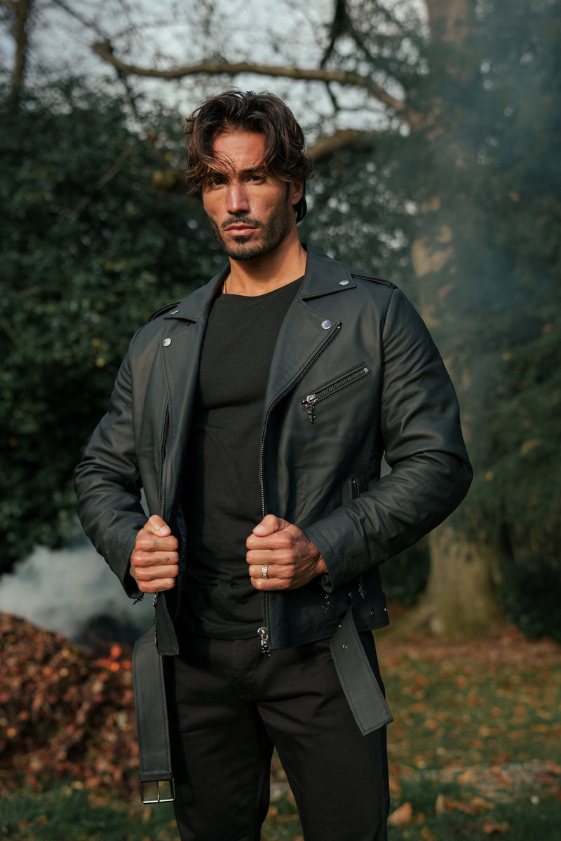 Father Sons Black Leather Jacket with Belt Detail - FSH313