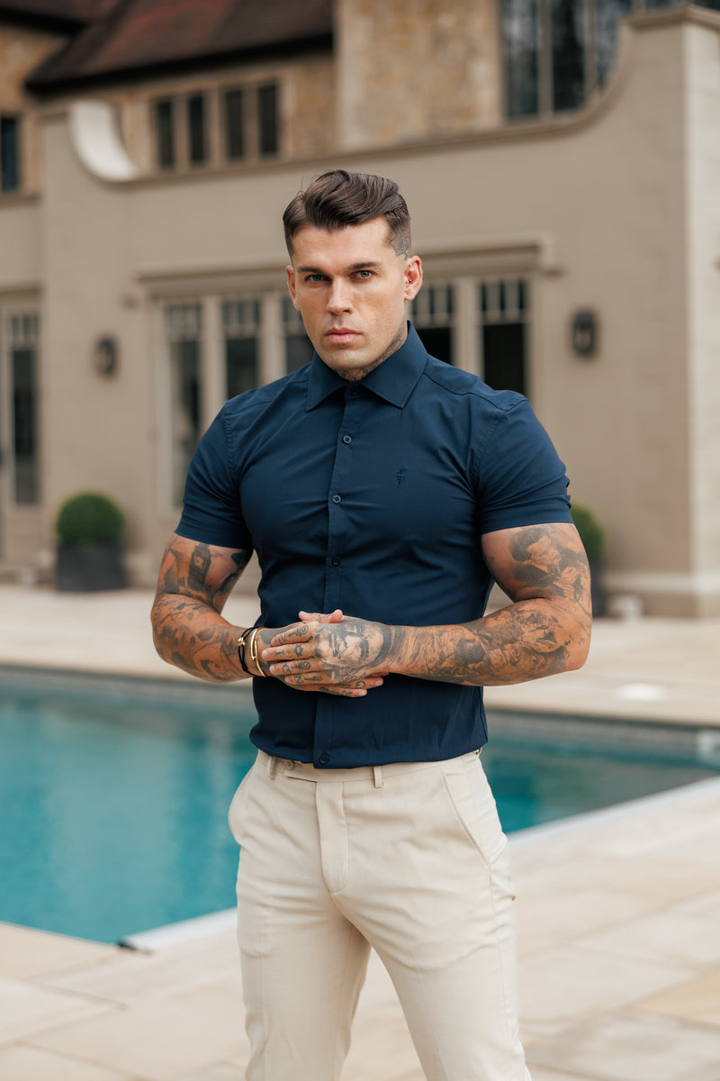 Father Sons Muscle Fit Advanced Stretch Navy Short Sleeve with Cutaway Collar - FS1163