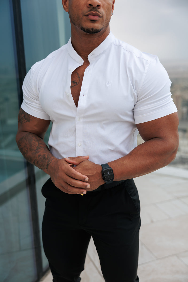 Father Sons Super Slim Stretch Classic All White Grandad Collar Short Sleeve - FS580