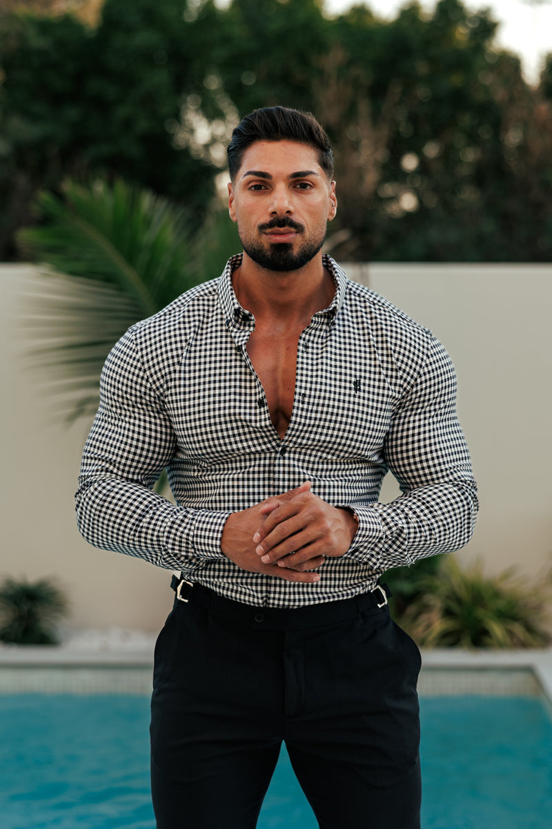 FS Super Slim Stretch White / Black Check Long Sleeve with Button Down Collar - FS1069