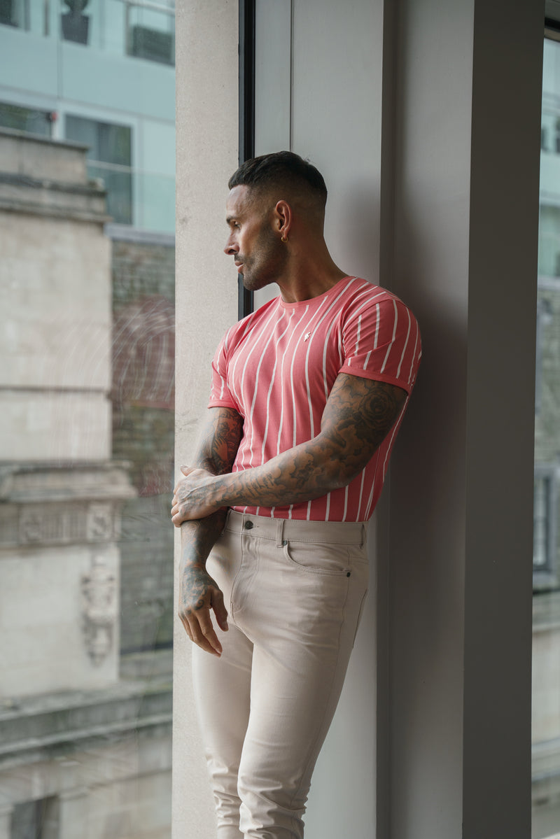 Father Sons Printed Coral / White Stripe Fitted T Shirt - FSH1171