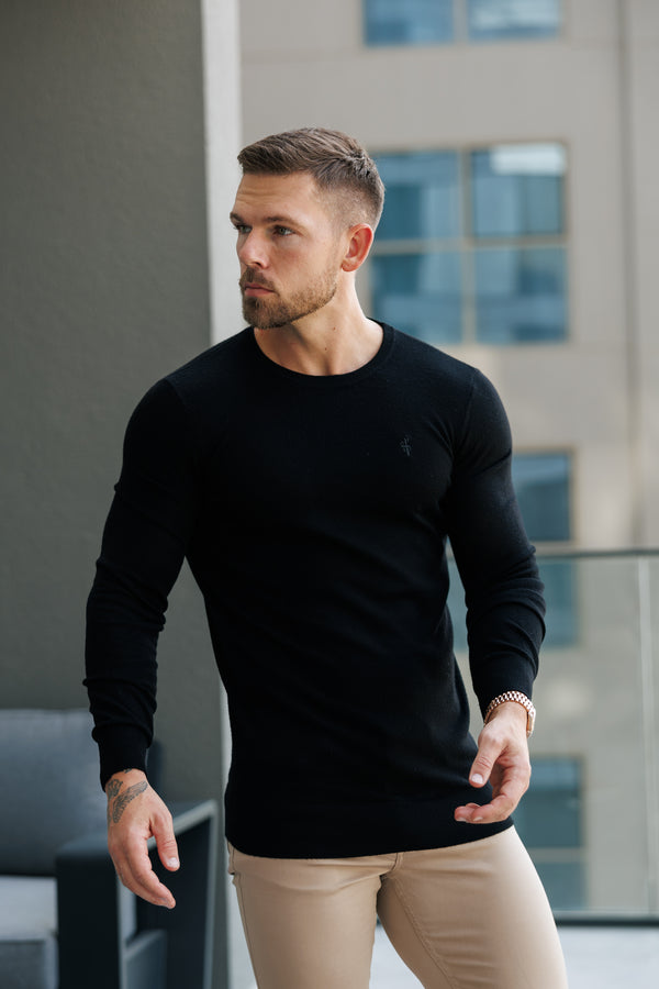 FS Merino Wool Knitted Crew Jumper Black - FSN178