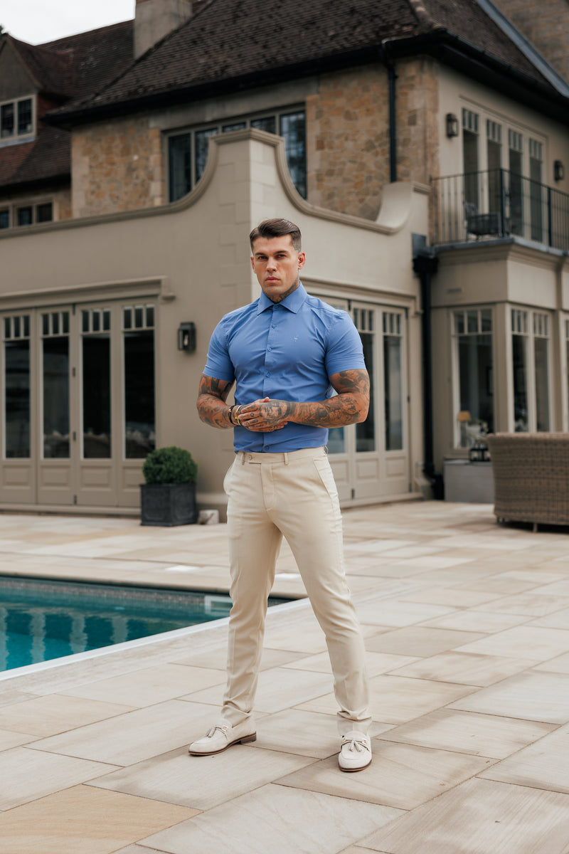 Father Sons Muscle Fit Advanced Stretch Mid Blue Short Sleeve with Cutaway Collar - FS1203