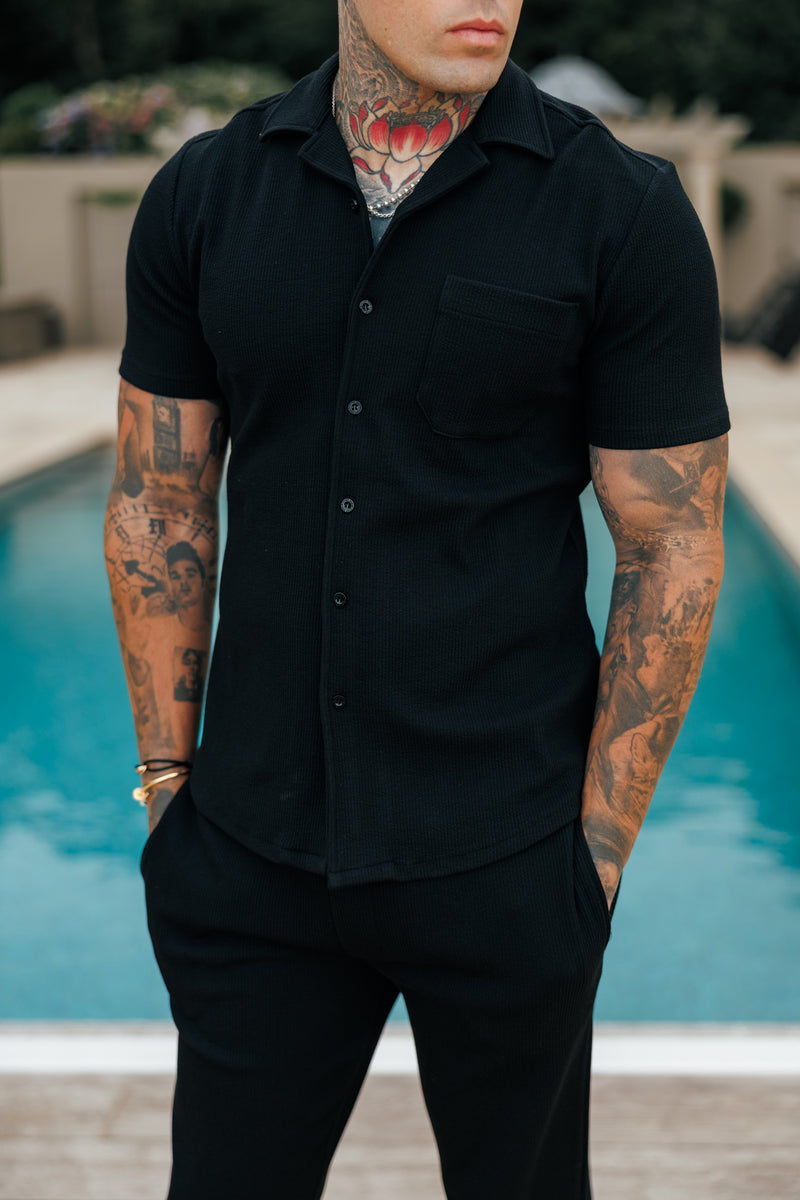 Father Sons Jersey Cord Stretch Black Revere Shirt Short Sleeve - FSR018