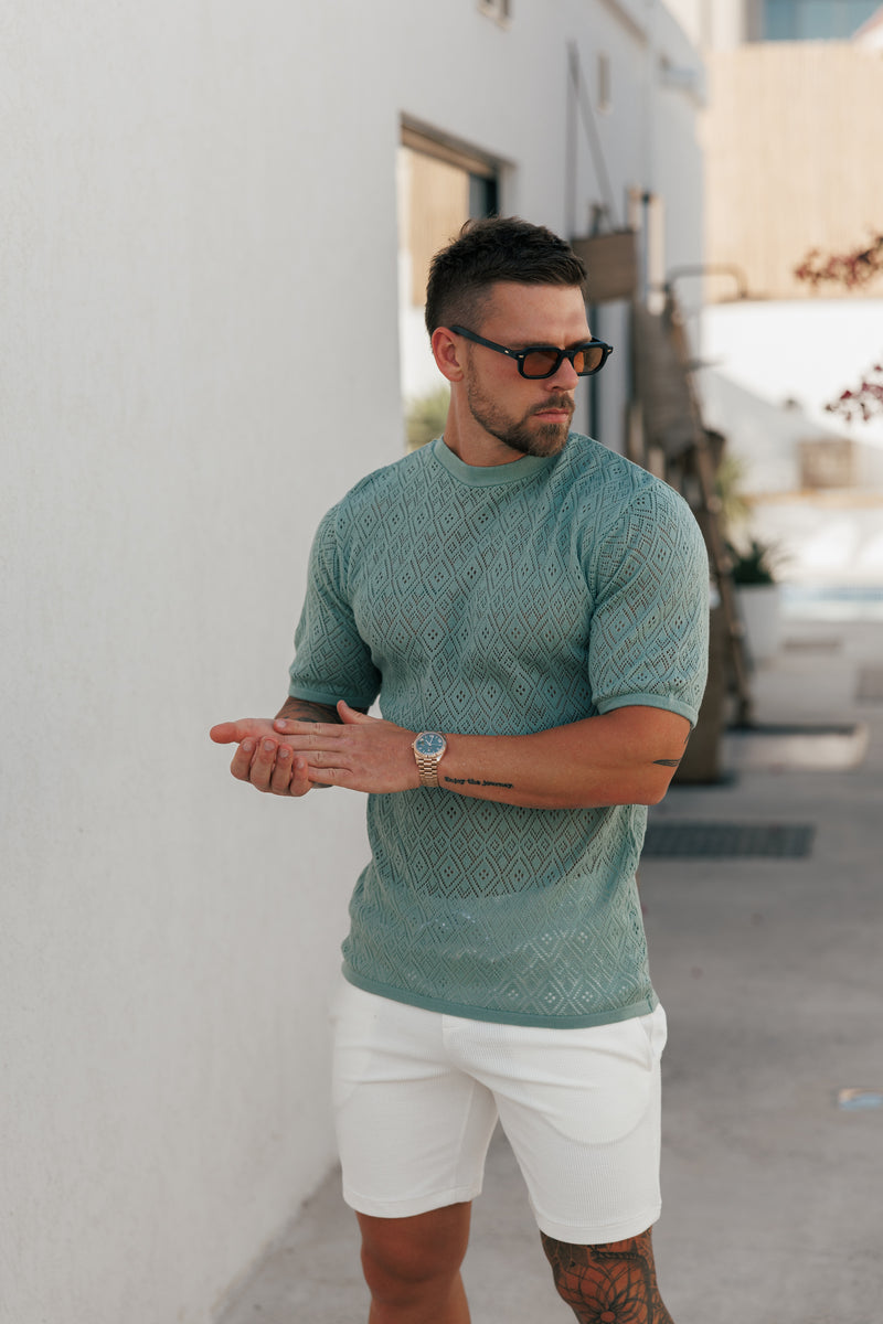 Father Sons Crochet Crew T-Shirt Light Green Short Sleeve - FSJ091