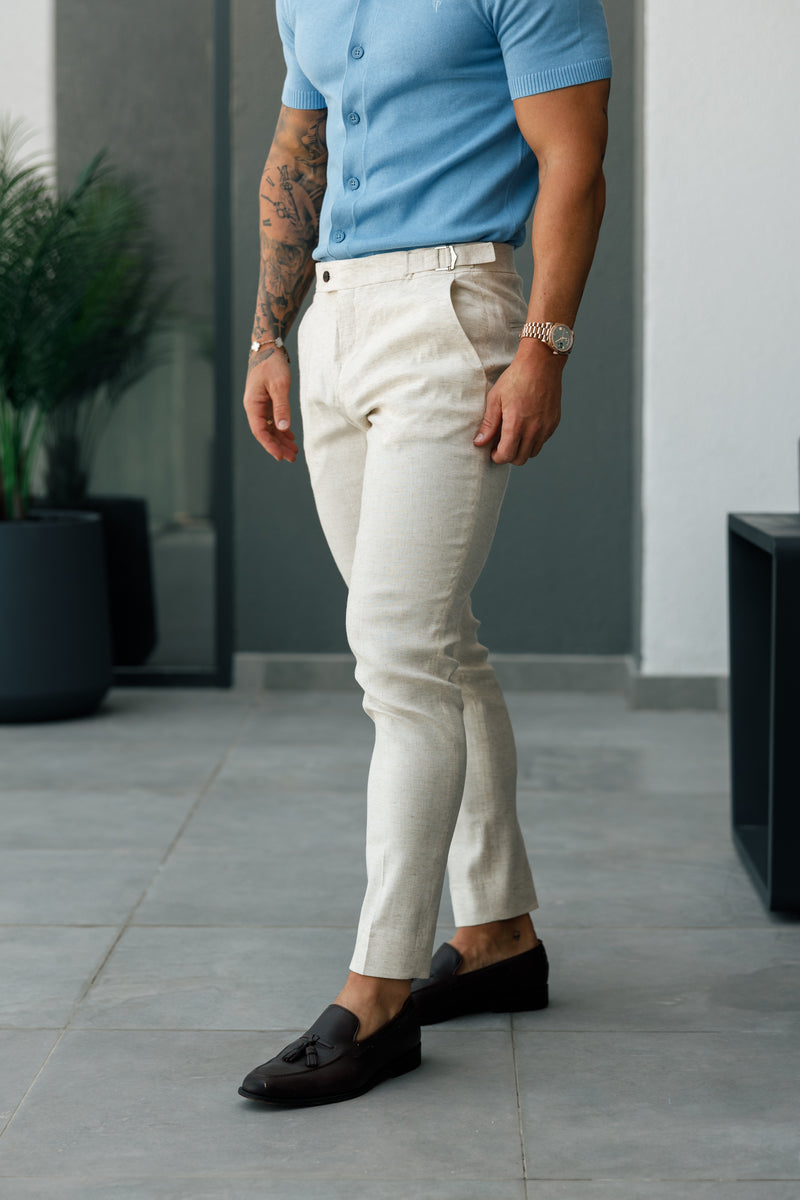 Father Sons Slim Formal Cream Linen Trousers With Side Adjusters - FST020