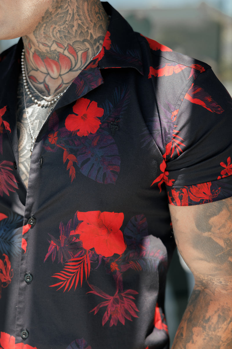 Father Sons Hawaiian Boxy Black / Red Floral Print Stretch with Revere Collar Short Sleeve - FS994