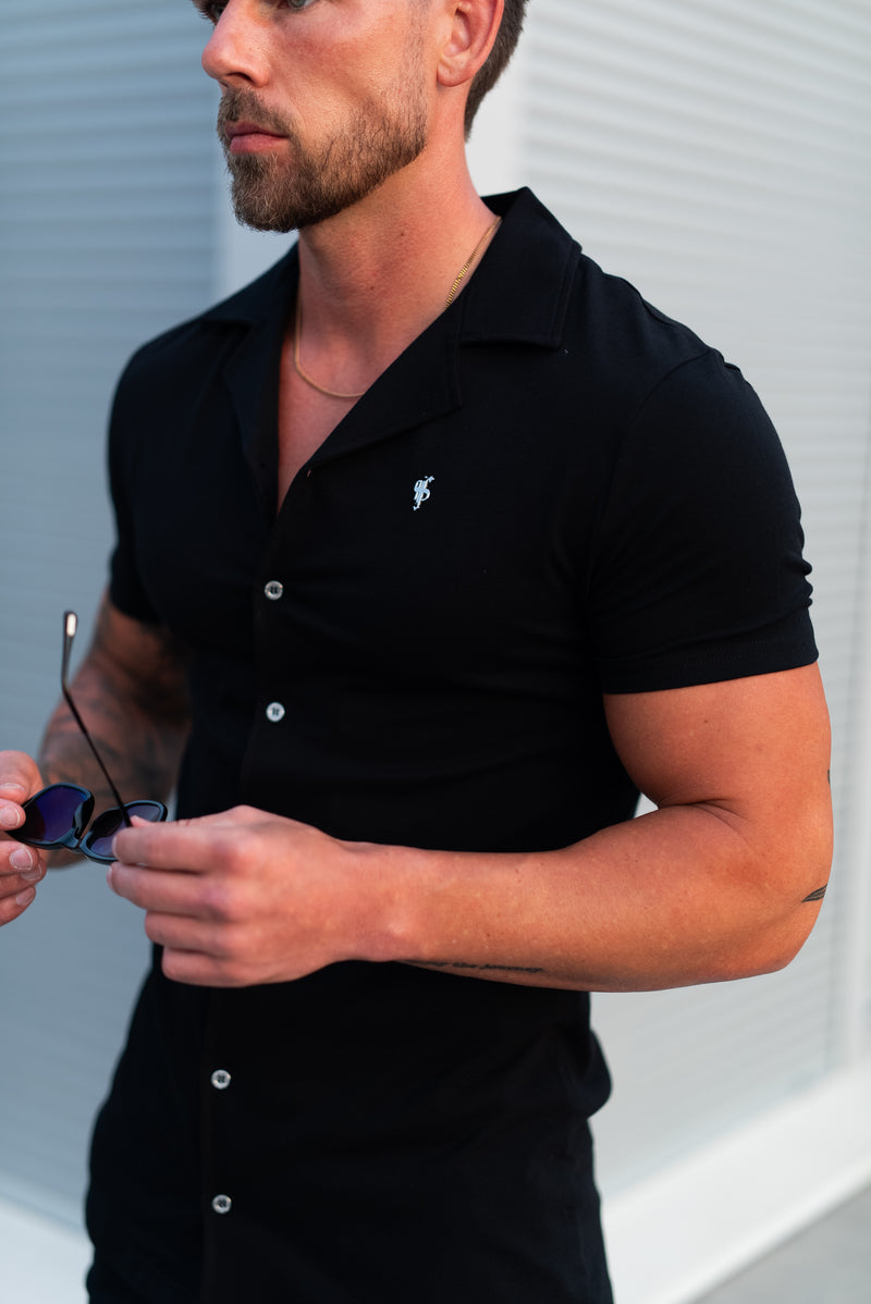 Father Sons Stretch Black / Silver Pique Revere Shirt Short Sleeve - FSH1355