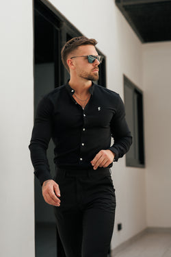 Father Sons Super Slim Scuba Black / Silver Long Sleeve Stretch with Grandad Collar - FS1191