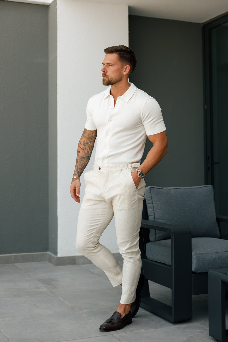 Father Sons Classic Plain Off White Knitted Button Through Polo Short Sleeve - FSN165