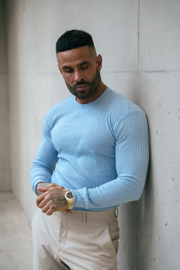 Father Sons Classic Light Blue Ribbed Knit Jumper With Tonal Embroidery - FSH1286 (PRE ORDER 30TH NOVEMBER)