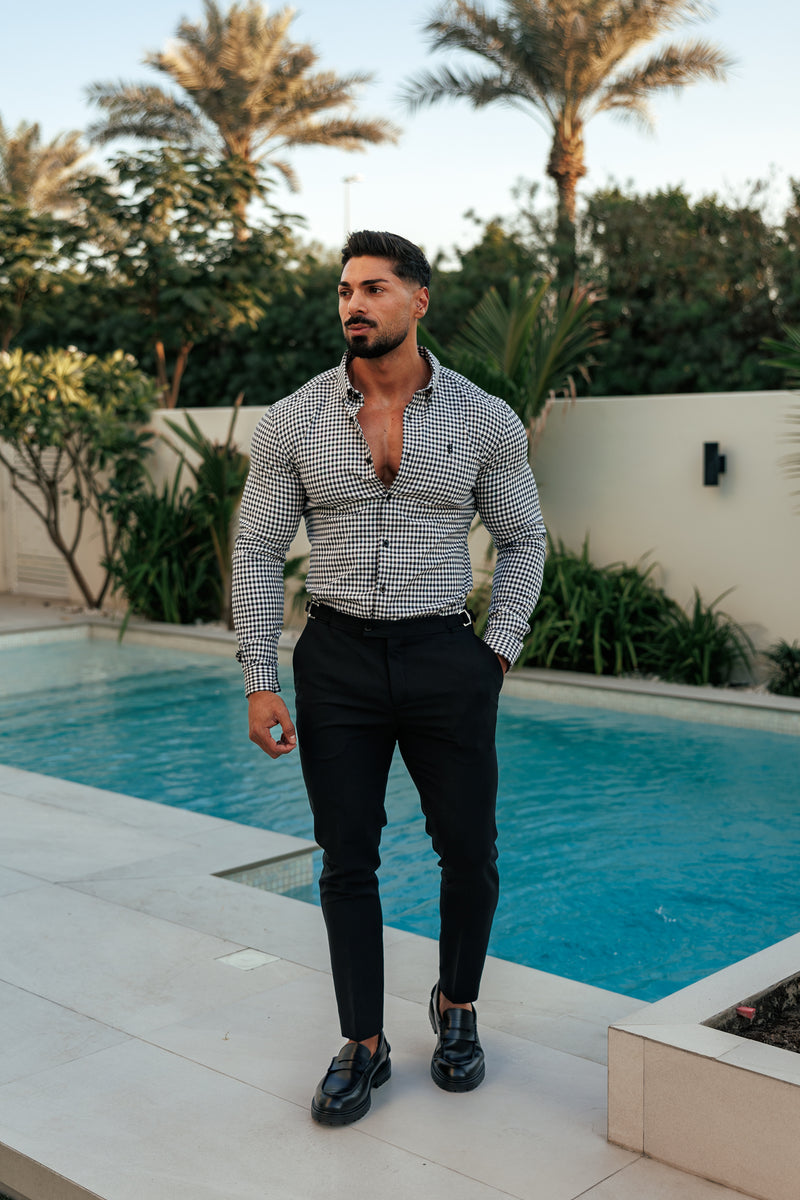 FS Super Slim Stretch White / Black Check Long Sleeve with Button Down Collar - FS1069