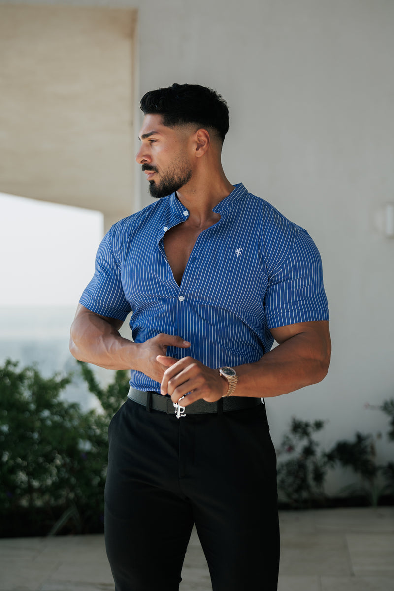 Father Sons Super Slim Stretch Ocean Blue Printed Pinstripe Short Sleeve with Grandad Collar - FS1064