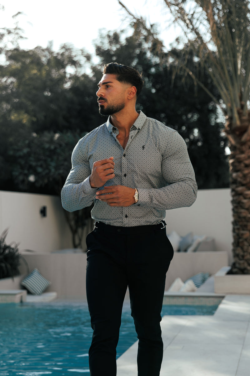 Father Sons Super Slim Stretch Black / White Diamond Print Long Sleeve with Button Down Collar - FS1226