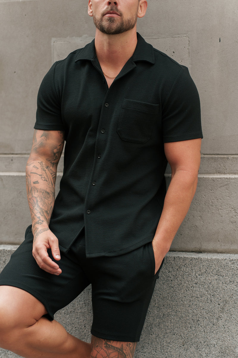 Father Sons Jersey Cord Stretch Black Revere Shirt Short Sleeve - FSR018 (PRE ORDER 11TH AUGUST)