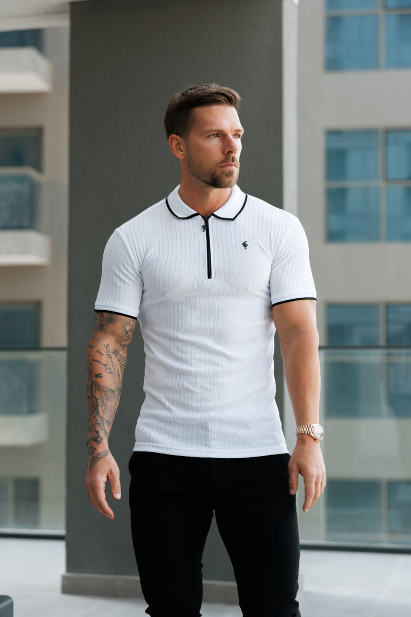 FS Classic White Ribbed Zip Polo with Contrast Short Sleeve - FSH1102