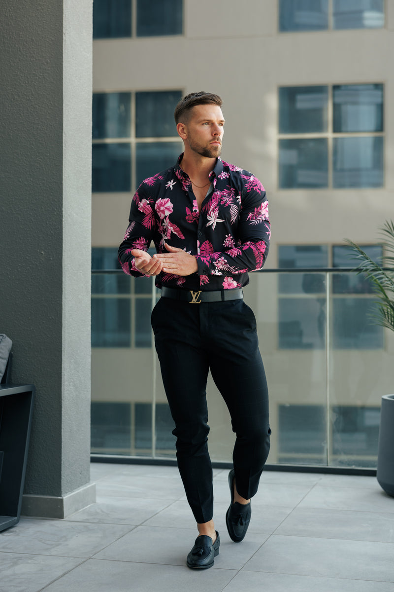 Classic Stretch LS Black / Bright Pink Floral Print Button Down Collar - FS1153