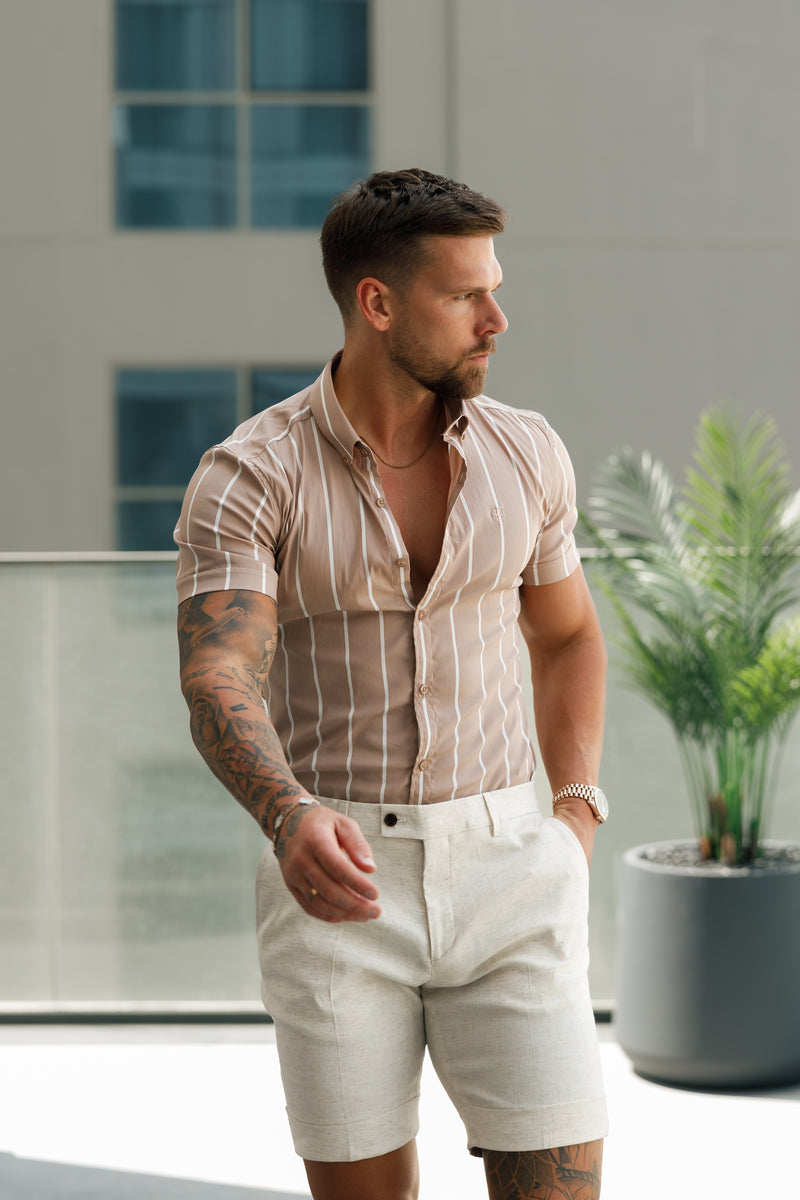 Father Sons Super Slim Stretch Taupe Printed Wide Stripe Short Sleeve with Button Down Collar - FS1066