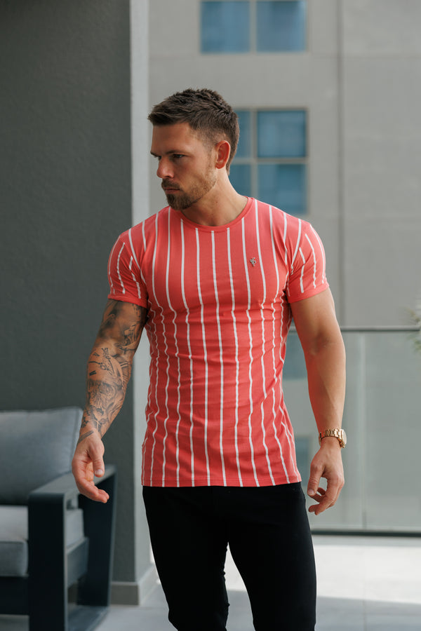 Father Sons Printed Coral / White Stripe Fitted T Shirt - FSH1171