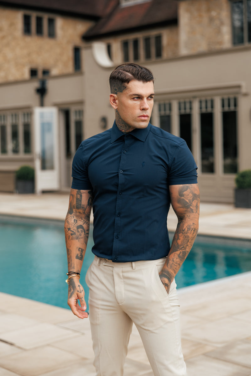 Father Sons Muscle Fit Advanced Stretch Navy Short Sleeve with Cutaway Collar - FS1163