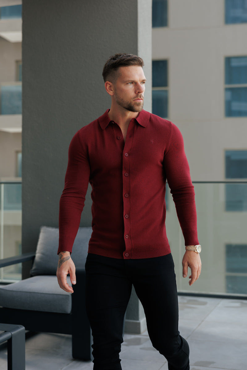 Father Sons Classic Plain Burgundy Knitted Button Through Polo Long Sleeve - FSN214