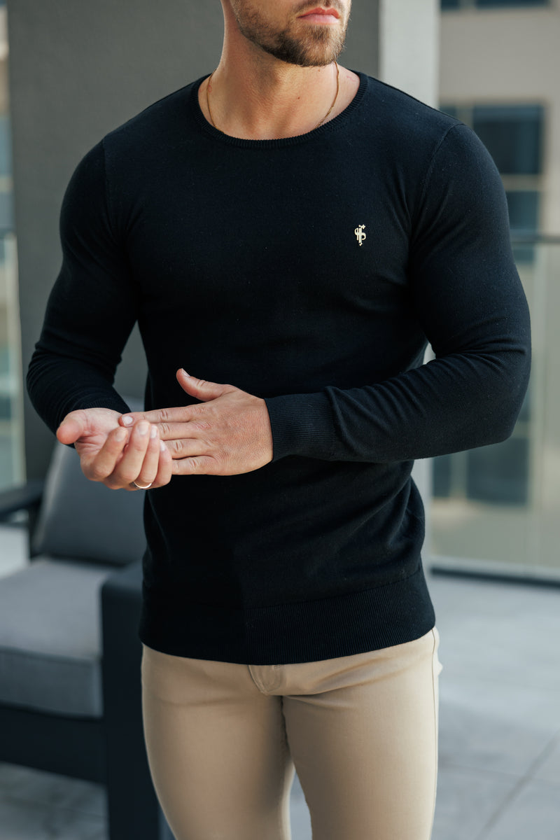 FS Black Crew Neck Knitted Jumper With FS Branding - FSN194