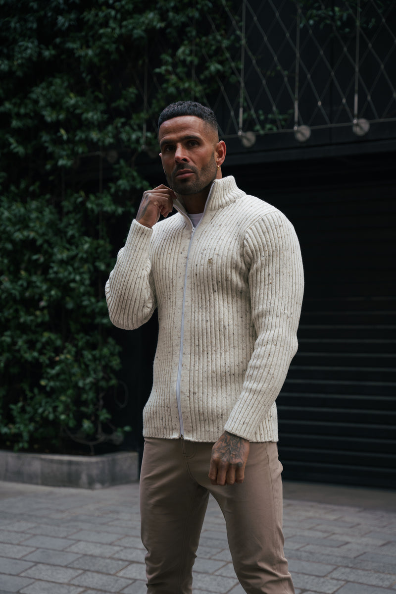 Father Sons Chunky Beige Flecks Ribbed Zipped Cardigan - FSJ070 (PRE ORDER 28TH FEBRUARY)