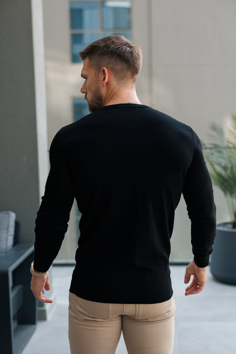 FS Merino Wool Knitted Crew Jumper Black - FSN178