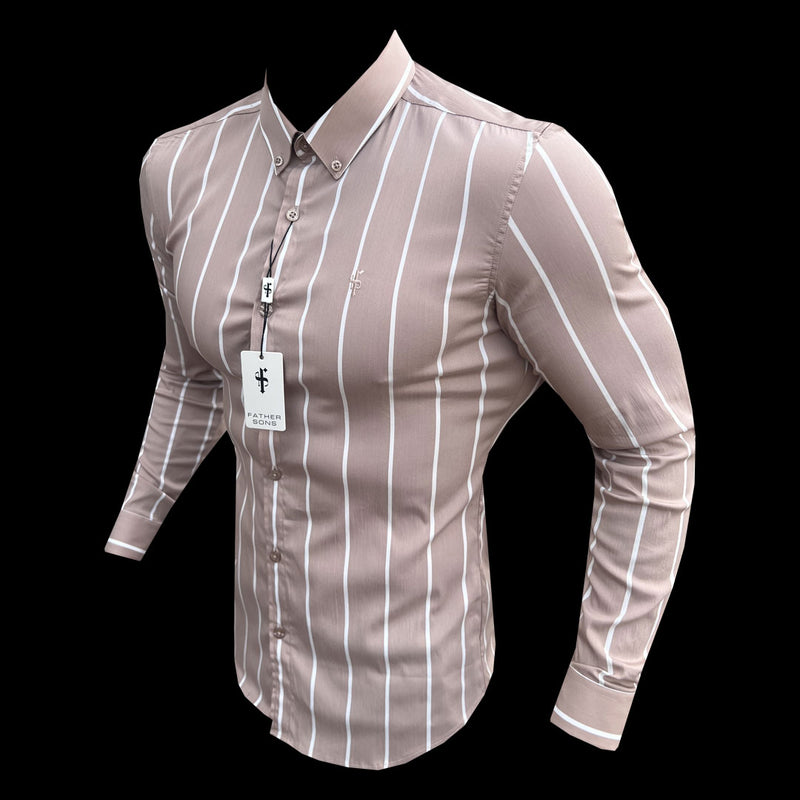 Father Sons Super Slim Stretch Taupe Printed Wide Stripe Long Sleeve with Button Down Collar - FS1065