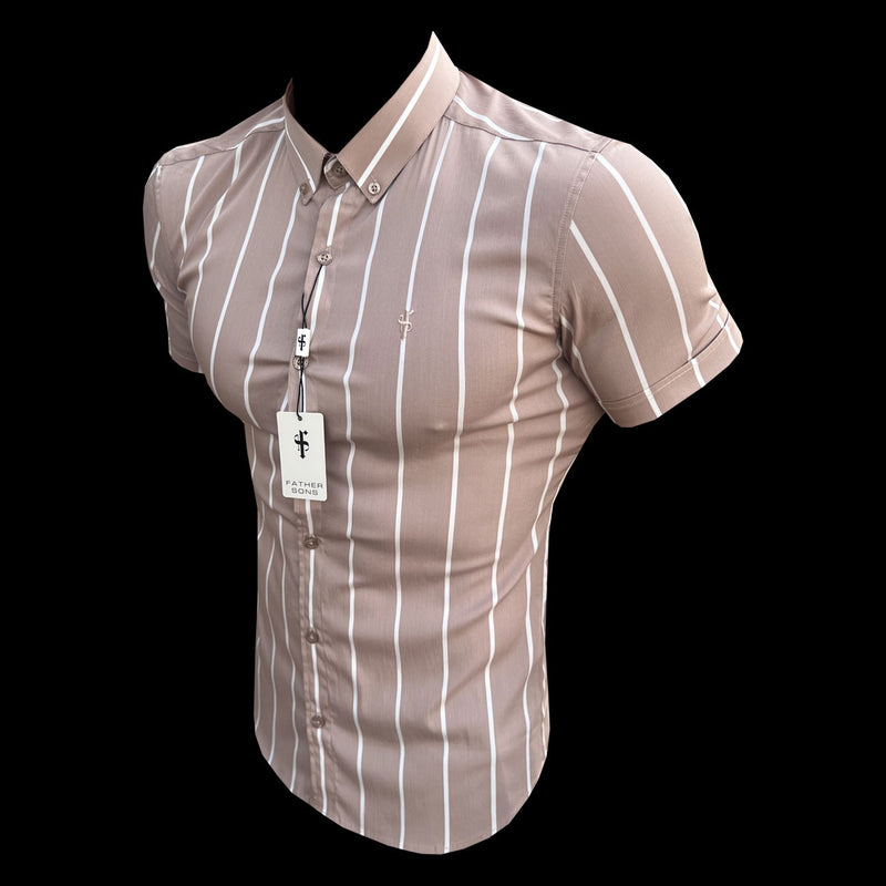 Father Sons Super Slim Stretch Taupe Printed Wide Stripe Short Sleeve with Button Down Collar - FS1066