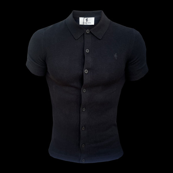 Father Sons Classic Plain Black Knitted Button Through Polo Short Sleeve - FSN101