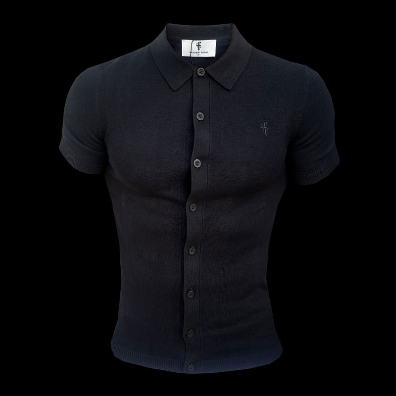 Father Sons Classic Plain Black Knitted Button Through Polo Short Sleeve - FSN101