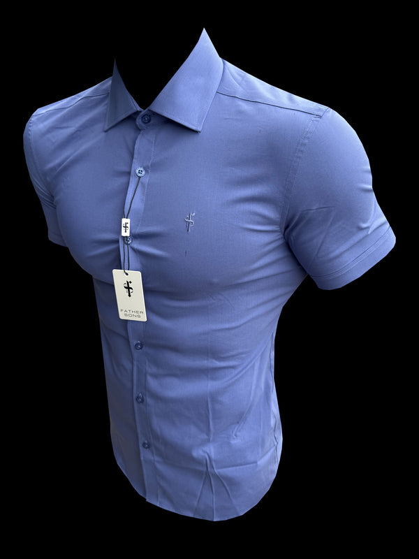 Father Sons Muscle Fit Advanced Stretch Mid Blue Short Sleeve with Cutaway Collar - FS1203