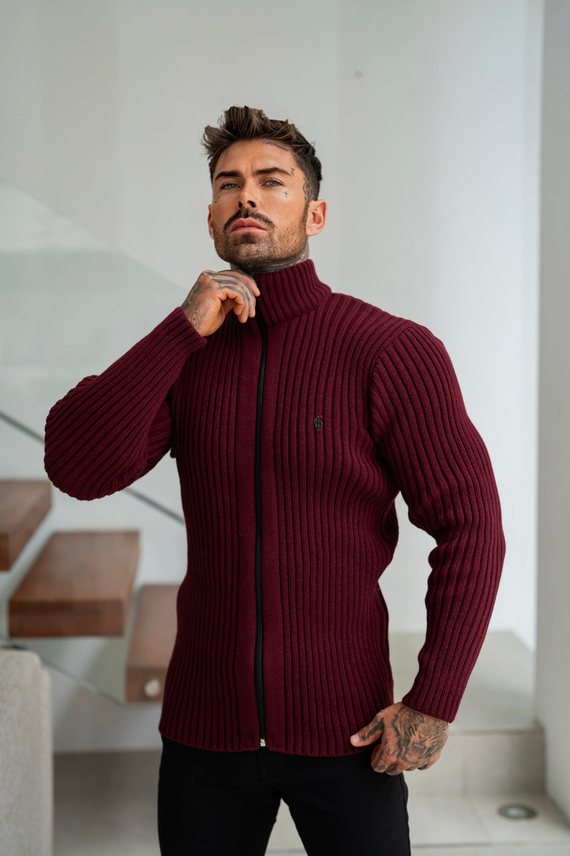 Father Sons Chunky Burgundy Ribbed Zipped Cardigan - FSJ071