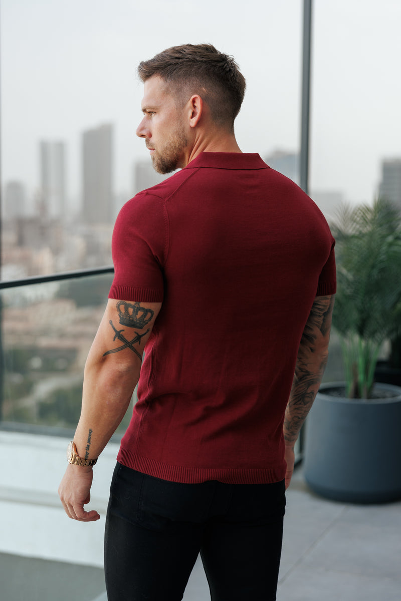 Father Sons Classic Plain Burgundy Knitted Button Through Polo Short Sleeve - FSN217