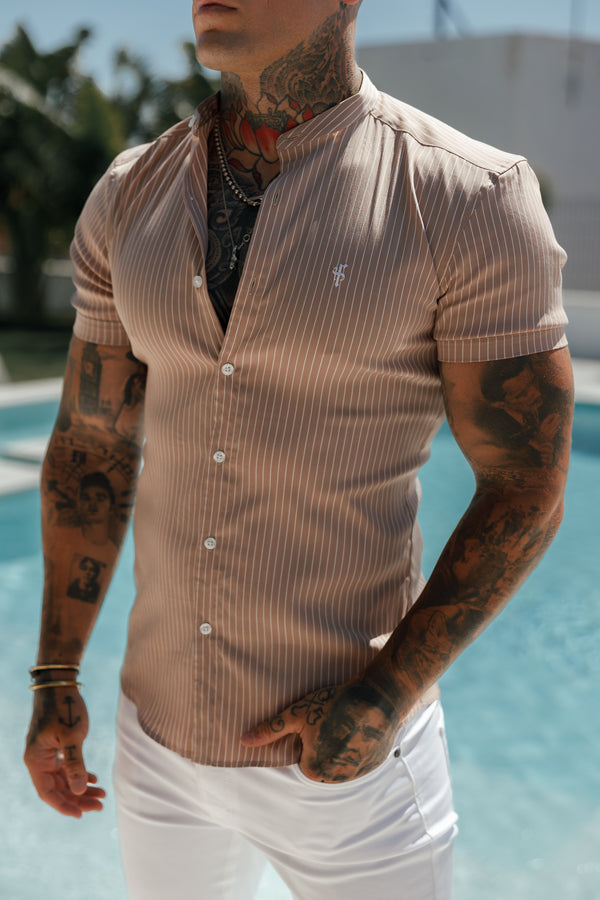 Father Sons Super Slim Stretch Taupe Printed Pinstripe Short Sleeve with Grandad Collar - FS1058 (PRE ORDER 31ST JULY)