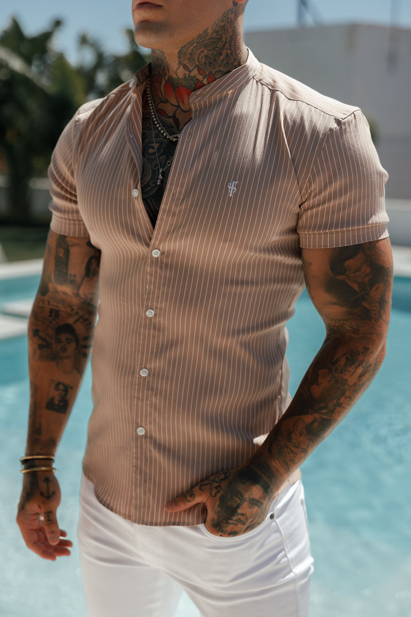 Father Sons Super Slim Stretch Taupe Printed Pinstripe Short Sleeve with Grandad Collar - FS1058 (PRE ORDER 31ST JULY)