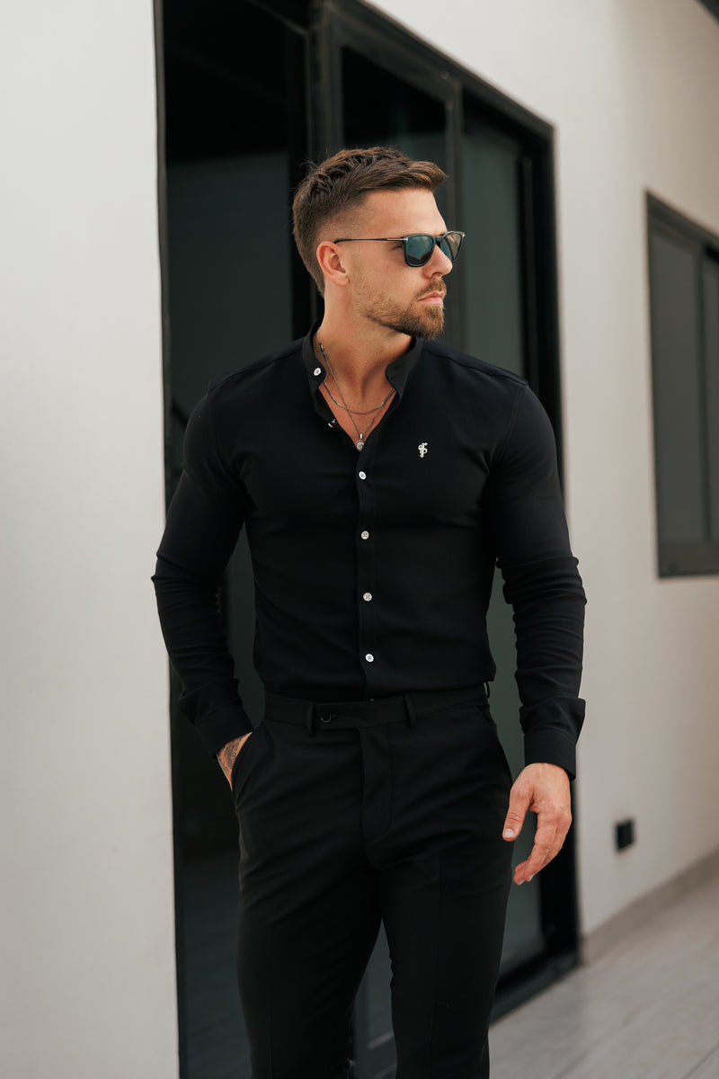 Father Sons Super Slim Scuba Black / Silver Long Sleeve Stretch with Grandad Collar - FS1191