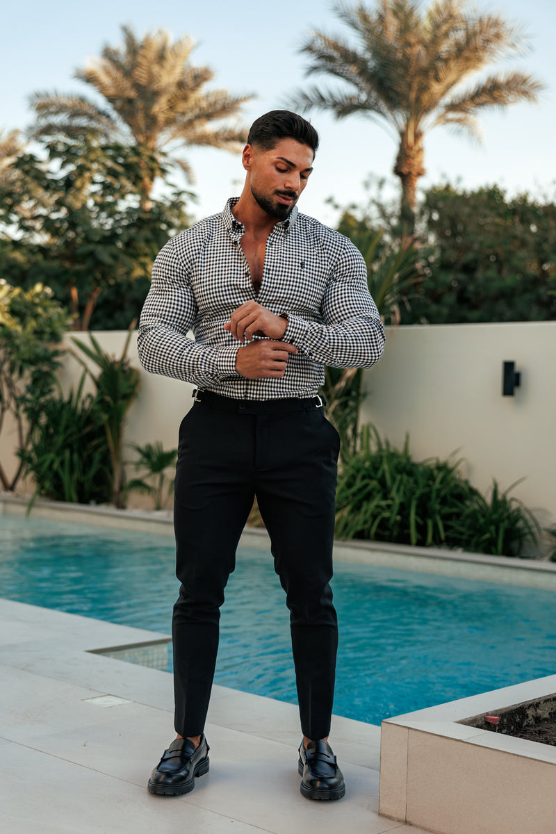 FS Super Slim Stretch White / Black Check Long Sleeve with Button Down Collar - FS1069