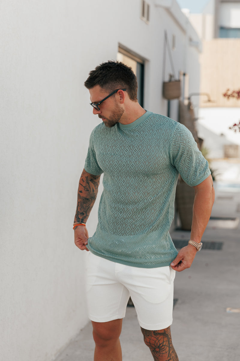 Father Sons Crochet Crew T-Shirt Light Green Short Sleeve - FSJ091