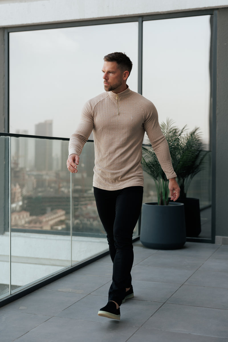 FS Classic Beige Ribbed Zip Funnel Neck Raglan Long Sleeve Crew - FSH1299