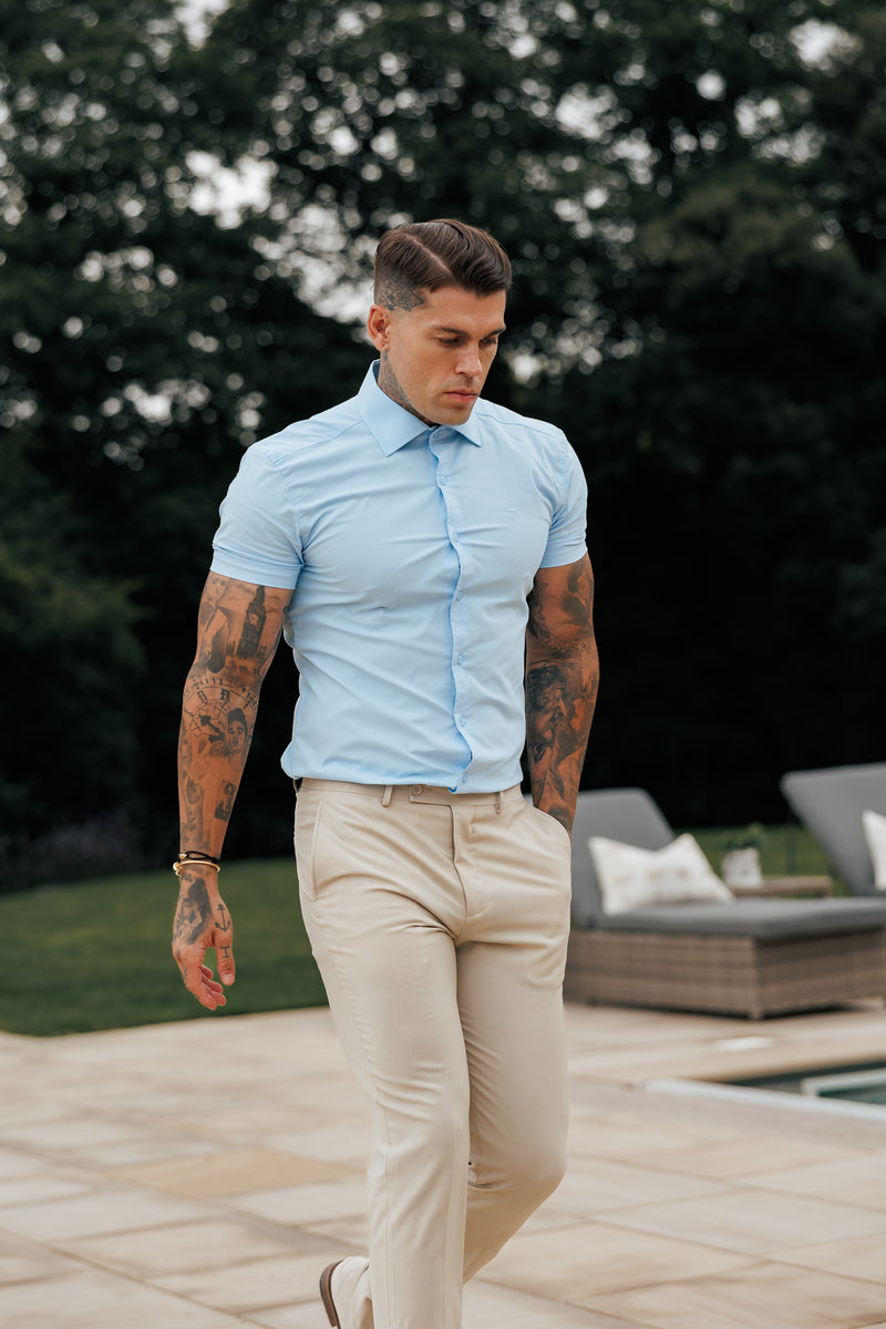 Father Sons Muscle Fit Advanced Stretch Powder Blue Short Sleeve with Cutaway Collar  - FS1162