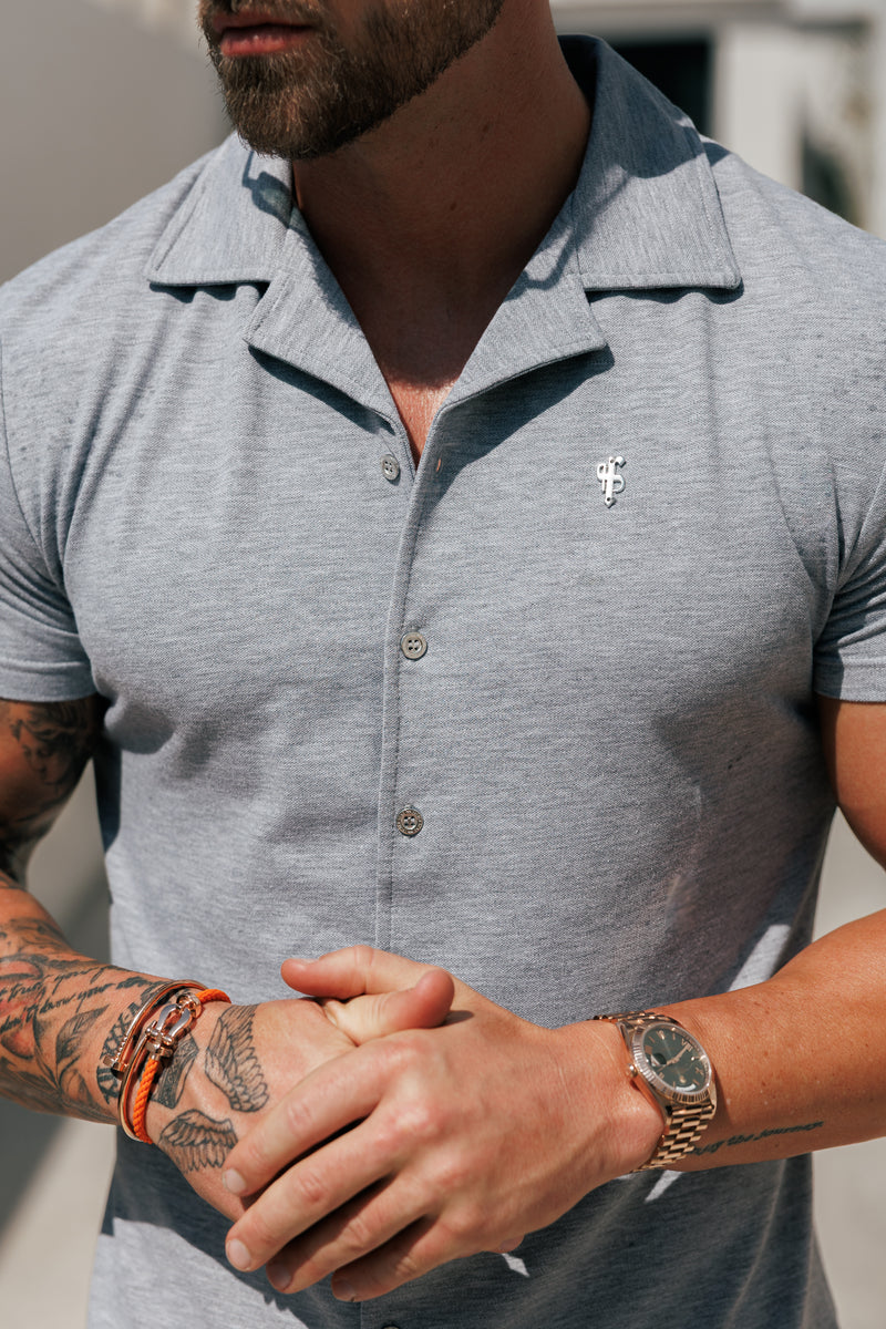 Father Sons Stretch Light Grey / Silver Pique Revere Shirt Short Sleeve - FSH1357 (PRE ORDER 16TH MAY)