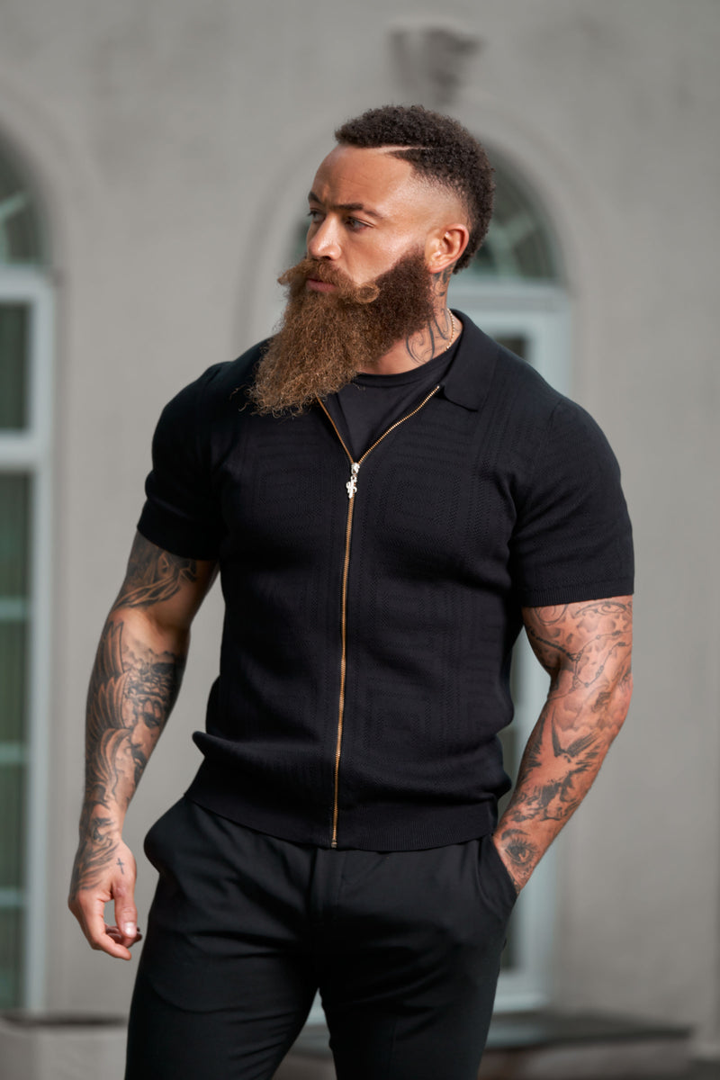 Father Sons Classic Knitted Geo Design With Full Length Zip Black Short Sleeve - FSN147