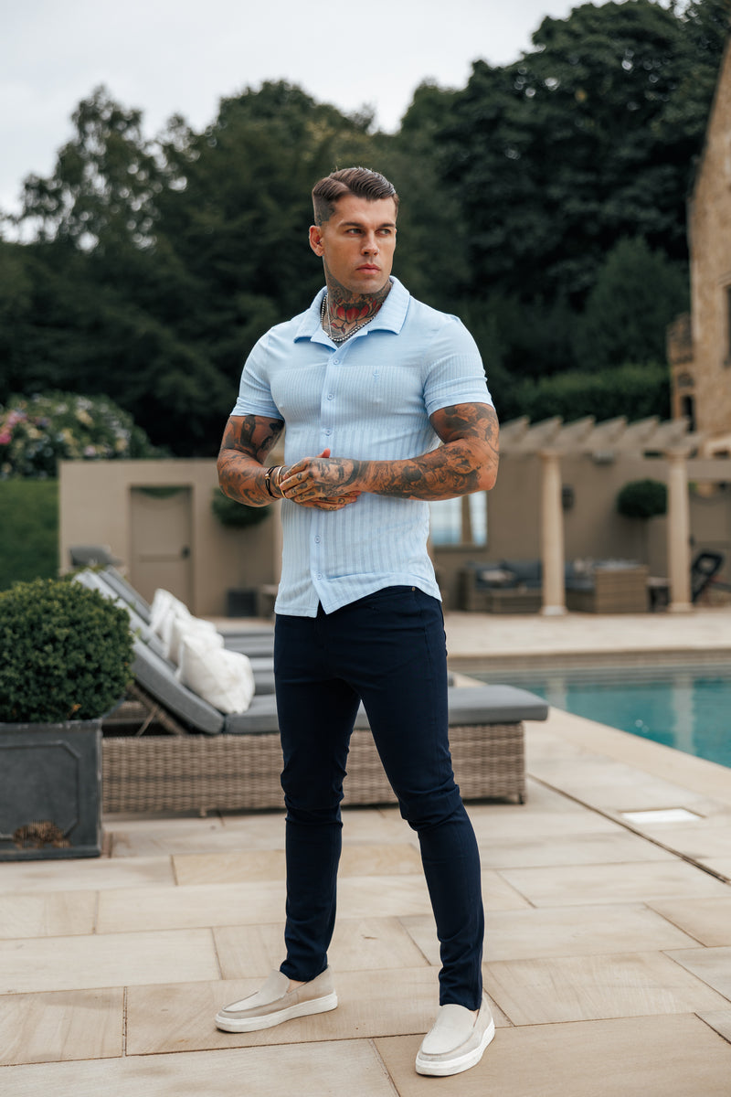 Father Sons Jersey Revere Vertical Stripe Light Blue Shirt Short Sleeve - FSR027