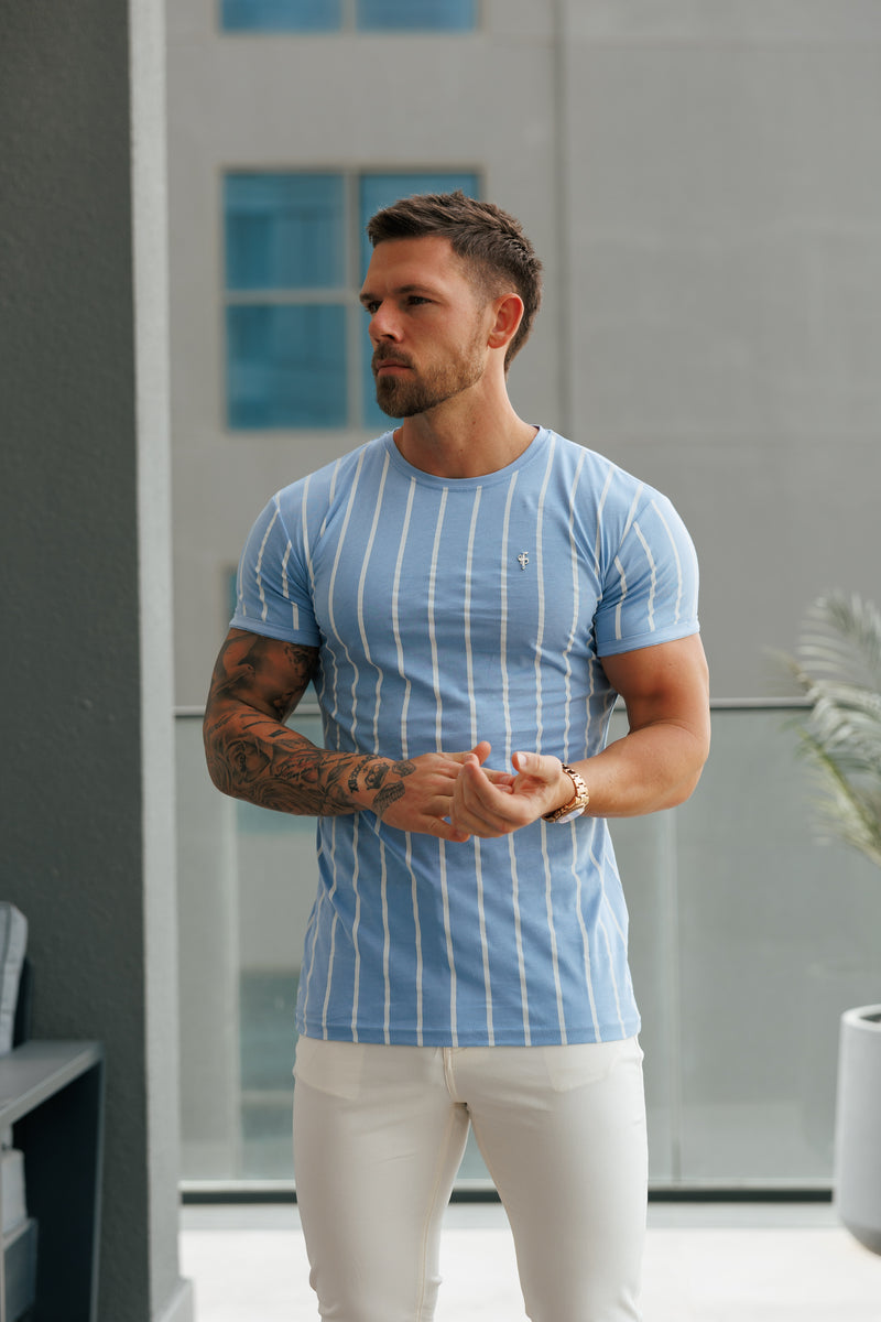 Father Sons Printed Light Blue / White Stripe Fitted T Shirt - FSH1169