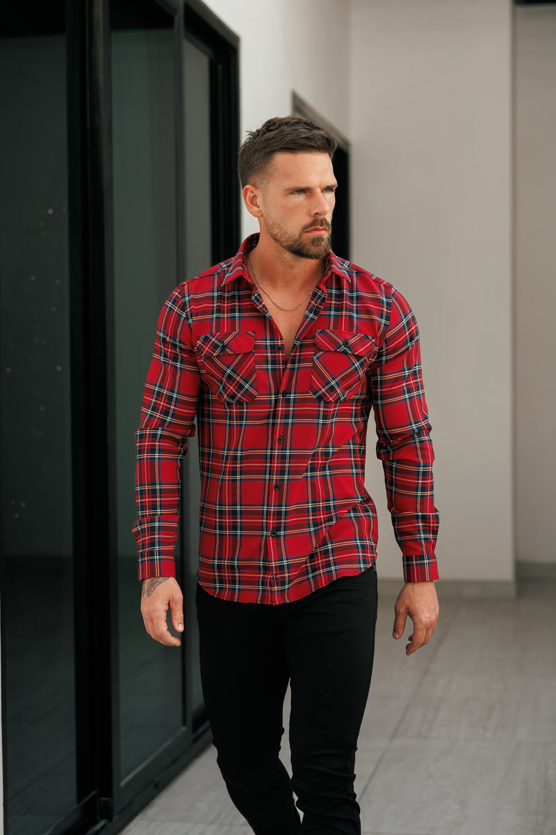 Father Sons Red Tartan Check Shacket With Double Pockets - FS1036