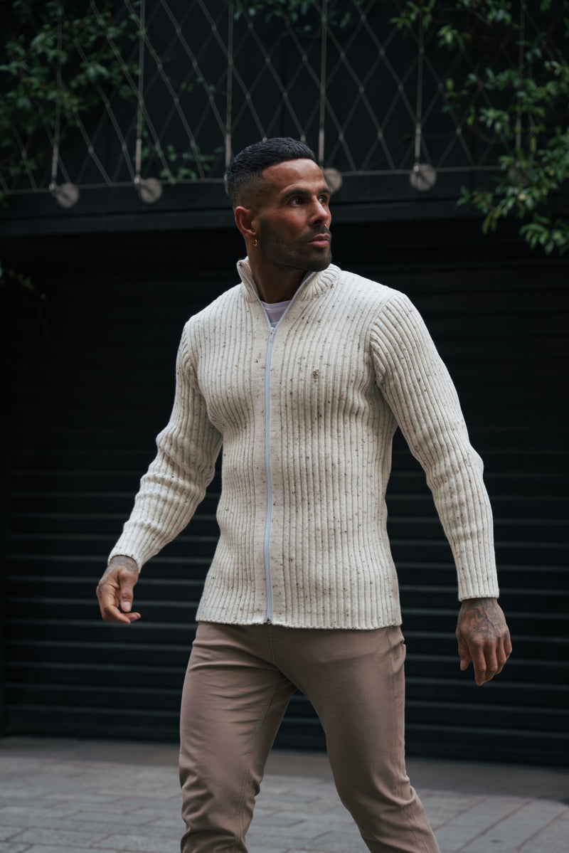 Father Sons Chunky Beige Flecks Ribbed Zipped Cardigan - FSJ070 (PRE ORDER 28TH FEBRUARY)