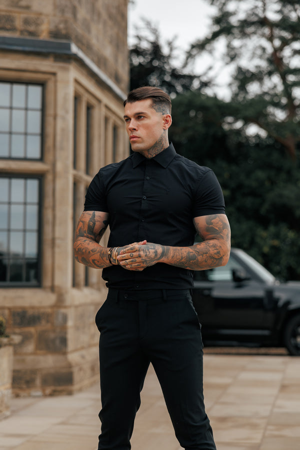 Father Sons Muscle Fit Advanced Stretch Black Short Sleeve with Cutaway Collar  - FS1159